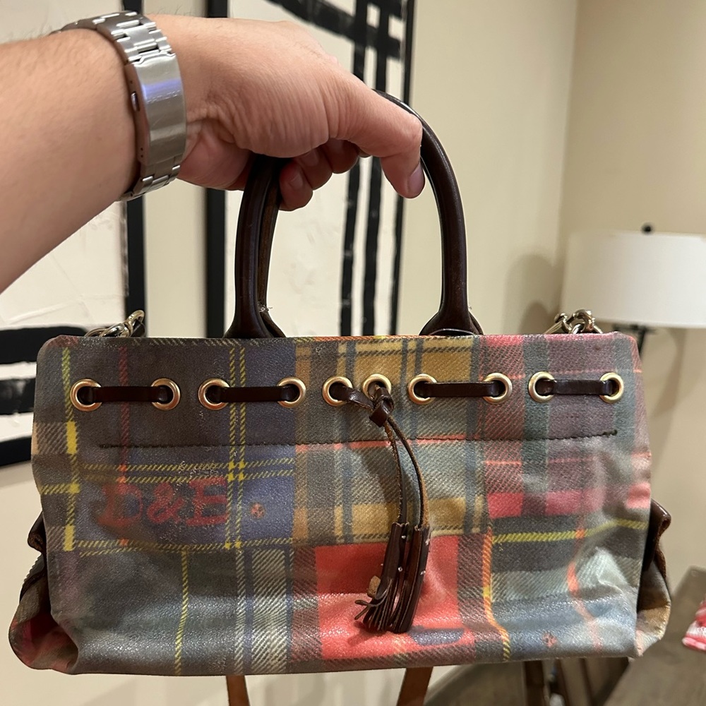 Dooney & Bourke Vintage Madras Plaid Leather Handle Handbag Tote Bag Pur…
